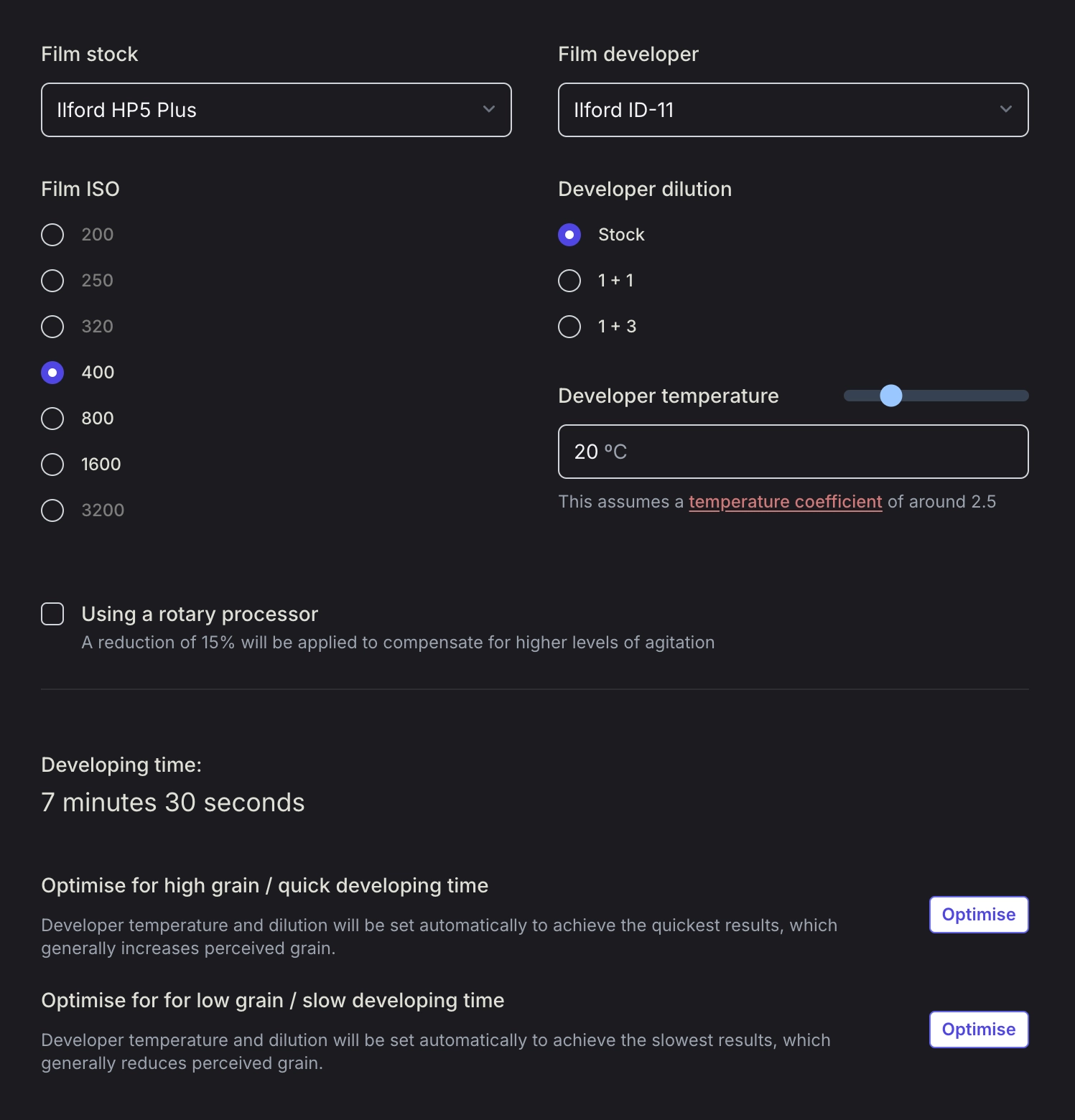 The developing time calculator, with fields for film stock, film speed, developer, dilution and developer temperature
