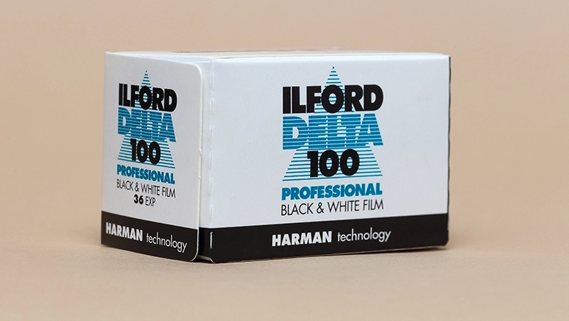 A box of 35mm Ilford Delta 100 film in the original box